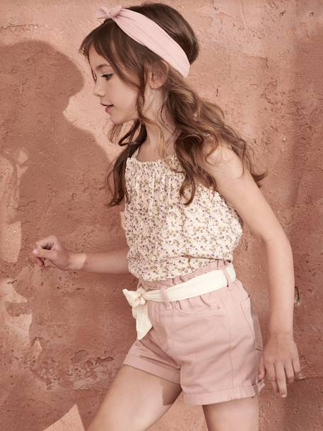 Short style paperbag fille et sa ceinture en gaze de coton rose poudré+sable+vert d'eau - vertbaudet enfant 