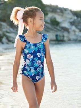 -Swimsuit with Tropical Print, for Girls