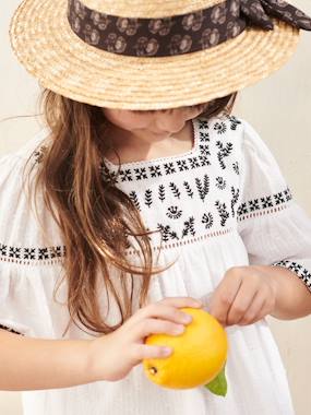 Straw-Like Hat with Printed Ribbon for Girls  - vertbaudet enfant