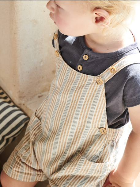 Striped T-Shirt & Dungarees Combo for Babies ecru - vertbaudet enfant 