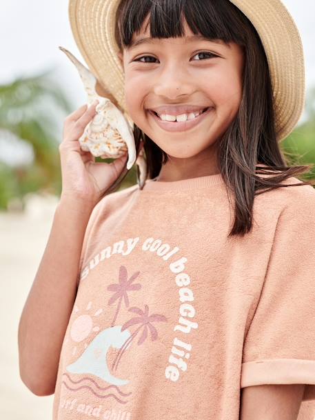 Terry Cloth T-Shirt with Palm Trees Motif for Girls clay beige - vertbaudet enfant 
