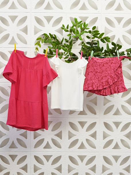 Top with Ruffle, in Pointelle Knit, for Girls ecru+emerald green+sweet pink - vertbaudet enfant 