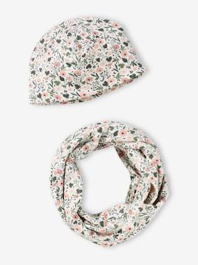 -Floral Beanie + Infinity Scarf Set for Girls