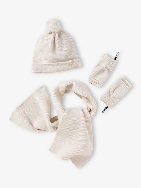 Rib Knit Set: Beanie + Scarf + Mittens/Fingerless Gloves marl beige+old rose - vertbaudet enfant 