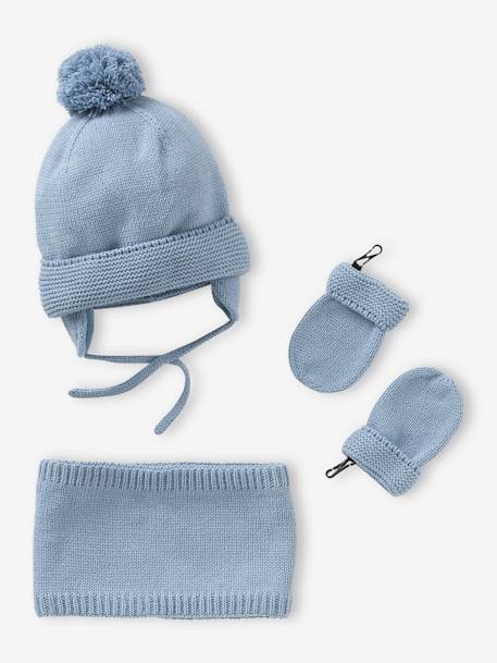 Ensemble bébé garçon bonnet + snood + moufles BASICS - bleu grisé