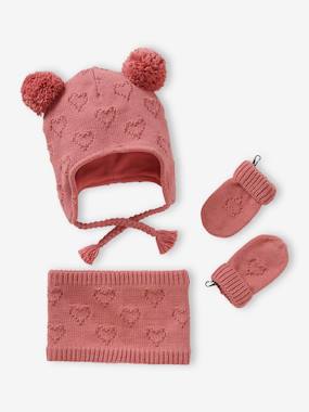 -Hearts Beanie + Snood + Mittens Set for Baby Girls