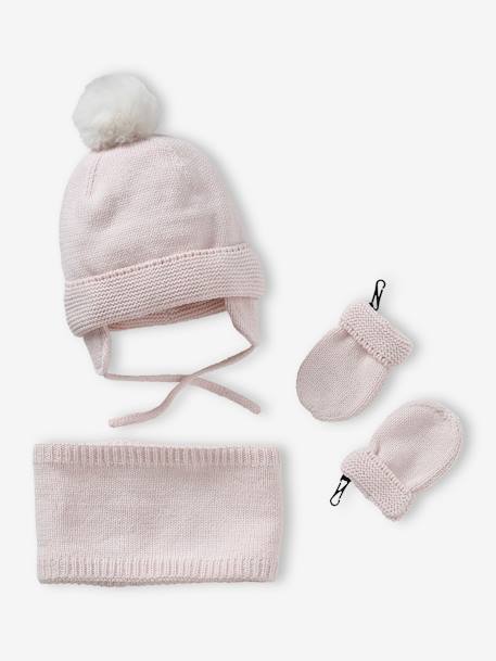 Beanie + Snood + Mittens Set for Baby Girls pale pink - vertbaudet enfant 