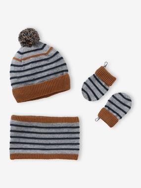 Baby-Sailor-Style Beanie + Snood + Mittens Set for Baby Boys