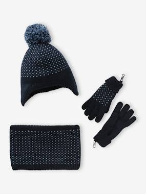 Boys-Accessories-Jacquard Knit Beanie + Snood + Gloves or Mittens Set for Boys