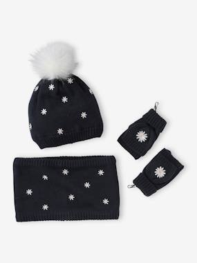 Girls-Accessories-Winter Hats, Scarves, Gloves & Mittens-Beanie + Snood + Mittens /Fingerless Mitts Daisy Set for Girls
