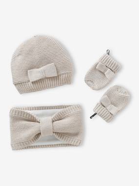 Baby-Accessories-Hats, scarves, gloves-Bow Beanie + Snood + Mittens Set for Baby Girls