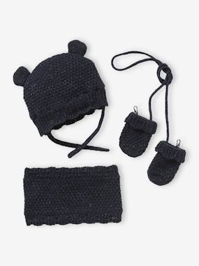 Baby-Accessories-Hats, scarves, gloves-Beanie + Snood + Mittens Set for Baby Girls