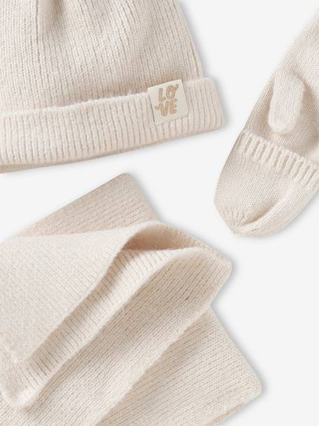 Ensemble fille en maille côtelée bonnet + écharpe + moufles/mitaines beige chiné+vieux rose - vertbaudet enfant 