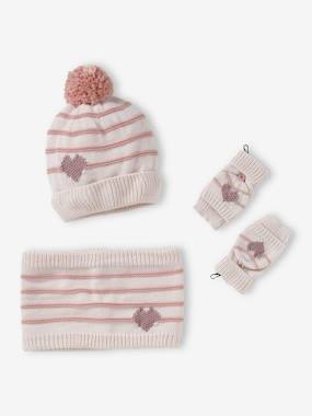 -Stripes/Hearts Beanie + Snood + Mittens/Fingerless Mitts Set for Girls