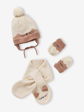 Bébé-Accessoires-Bonnet, écharpe, gants-Ensemble bébé fille bonnet + écharpe + moufles chat