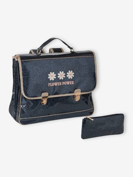 Satchel with 'Flower Power' Glitter & Pencil Case, for Girls night blue - vertbaudet enfant 