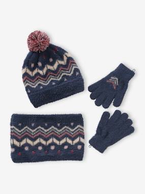 -Beanie + Snood + Gloves Set in Jacquard Knit, for Girls
