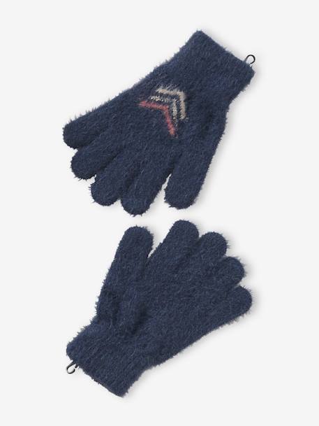 Ensemble bonnet + snood + gants ou moufles jacquard fluffy fille bleu nuit - vertbaudet enfant 