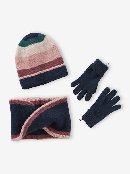 Colourblock Beanie + Infinity Scarf + Gloves or Mittens Set for Girls navy blue - vertbaudet enfant 