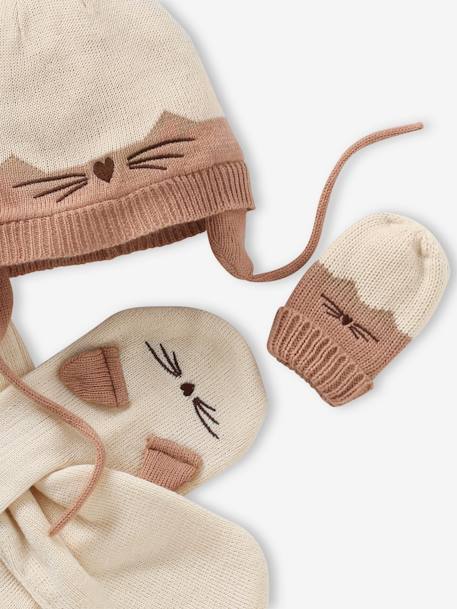 Cat Beanie + Scarf + Mittens Set for Baby Girls ecru - vertbaudet enfant 