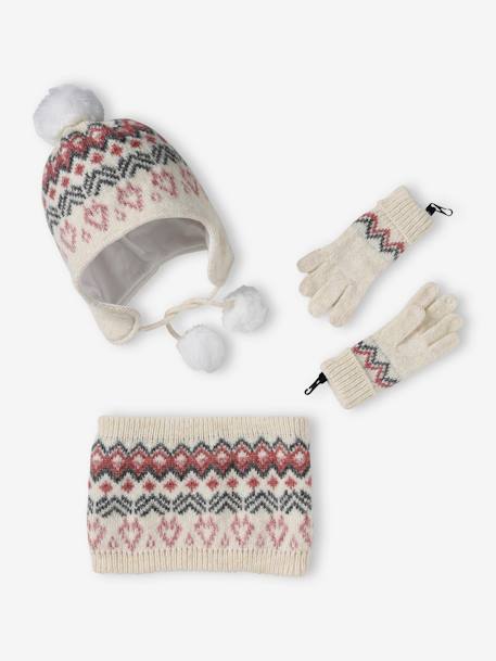 Ensemble bonnet + snood + gants ou moufles en maille jacquard fille beige chiné - vertbaudet enfant 