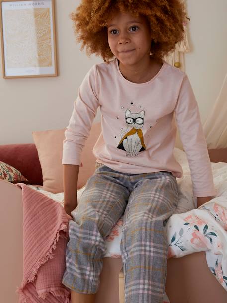 Supercat Pyjamas in Jersey Knit & Flannel for Girls pale pink - vertbaudet enfant 