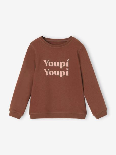Sweatshirt with Message & Iridescent Details for Girls BROWN MEDIUM SOLID WITH DESIGN+chocolate+Red+rosy - vertbaudet enfant 