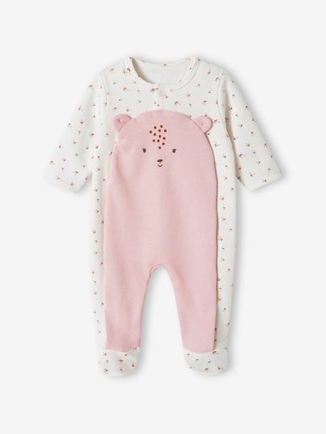 Fleece Sleepsuit for Newborn Babies, Front Flap Opening with Press Studs ecru+rosy - vertbaudet enfant 