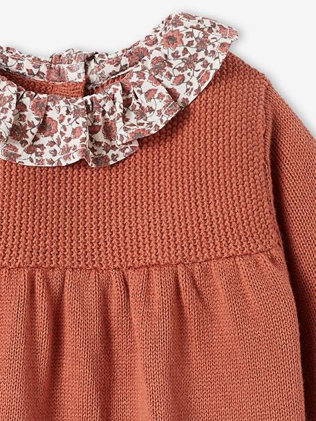 Knitted Dress with Collar in Floral Fabric for Babies rust+WHITE LIGHT SOLID WITH DESIGN - vertbaudet enfant 