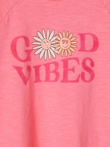 Tee-shirt 'good vibes' animation flatlock velours et fleurs fille rose bonbon - vertbaudet enfant 