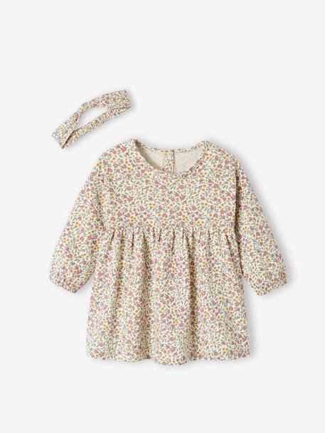 Ensemble bébé fille 3 pièces robe cardigan bandeau bleu grisé+corail+vieux rose - vertbaudet enfant 