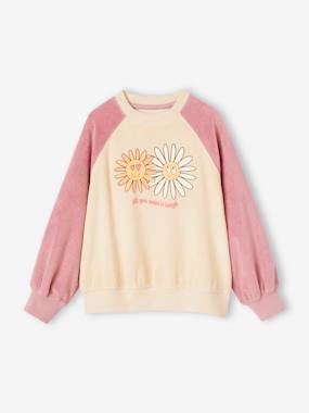 Girls-Terry Cloth Raglan Sweatshirt, Pop Flower Motifs for Girls