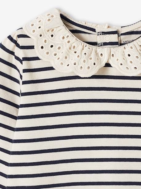 T-shirt bébé col brodé manches longues beige clair+rayé marine+rayé rouge - vertbaudet enfant 