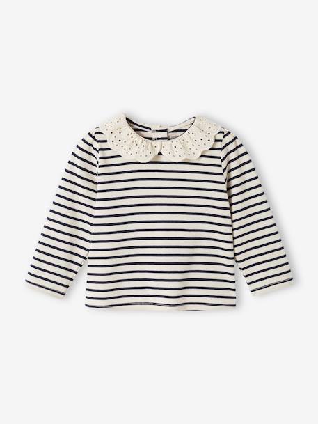 T-shirt bébé col brodé manches longues beige clair+rayé marine+rayé rouge - vertbaudet enfant 