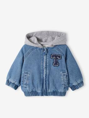 Baby-Outerwear-Coats-Lined Denim Jacket with Fleece Hood for Babies