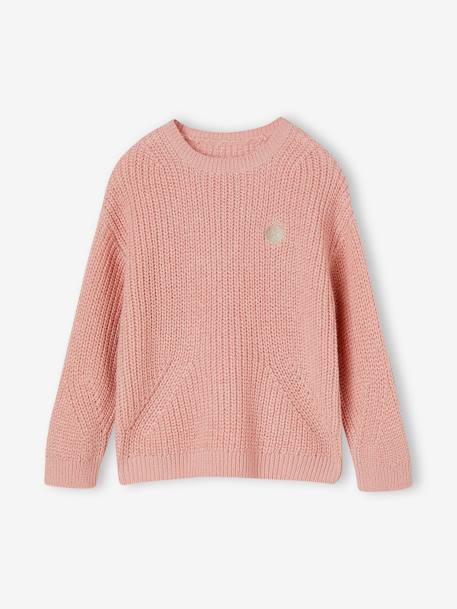 Rib Knit Jumper with Iridescent Patch, for Girls ecru+rosy - vertbaudet enfant 
