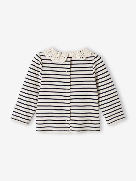 T-shirt bébé col brodé manches longues beige clair+rayé marine+rayé rouge - vertbaudet enfant 