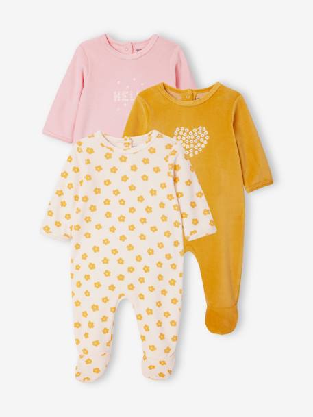 Pack of 3 Velour Sleepsuits for Babies, BASICS grey green+pale pink - vertbaudet enfant 