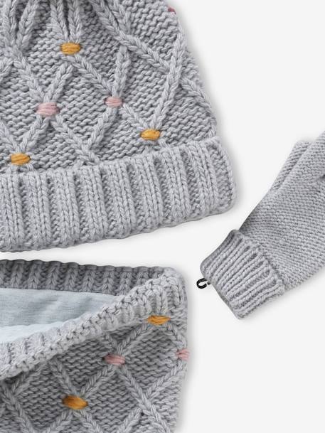 Beanie + Snood + Gloves or Mittens Set with Pompoms for Girls marl grey - vertbaudet enfant 