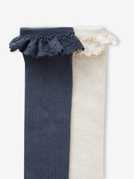 Lot de 2 paires de chaussettes hautes en maille ajourée et dentelle fille marine - vertbaudet enfant 