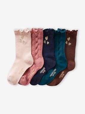 -Pack of 5 Pairs of Hearts Socks in Cable & Rib Knit, for Girls