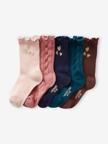 Pack of 5 Pairs of Hearts Socks in Cable & Rib Knit, for Girls rosy - vertbaudet enfant 