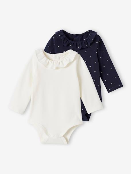 Pack of 2 Long Sleeve Bodysuits with Peter Pan Collar, for Babies navy blue - vertbaudet enfant 