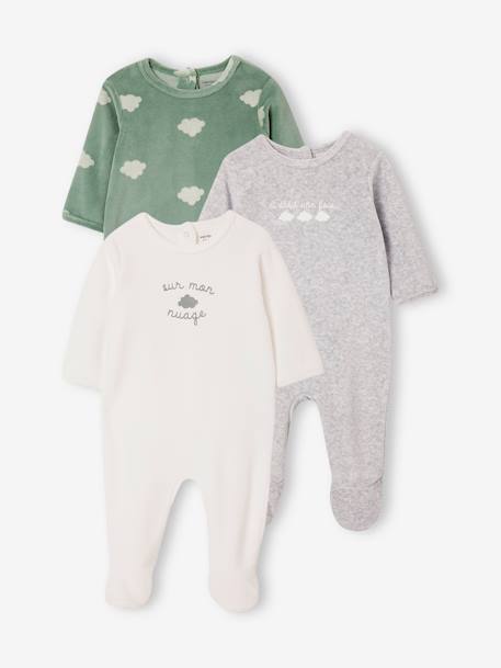 Pack of 3 Velour Sleepsuits for Babies, BASICS grey green+pale pink - vertbaudet enfant 