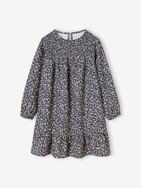 -Smocked Long Sleeve Dress with Flowers for Girls