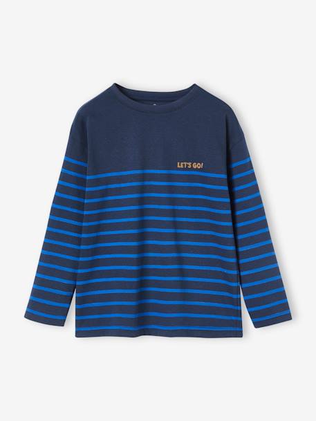 Tee-shirt marinière garçon détail flocage velours bleu nuit+encre rayé+gris moyen chiné+ivoire rayé+OCRE RAYE - vertbaudet enfant 