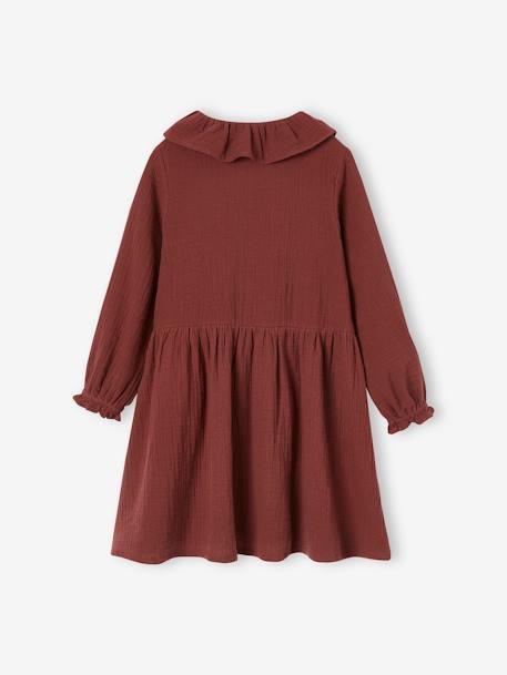 Buttoned Dress in Cotton Gauze for Girls chocolate+rose beige - vertbaudet enfant 