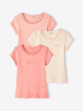 Girls-Pack of 3 Short Sleeve Fancy T-Shirts in Rib Knit for Girls