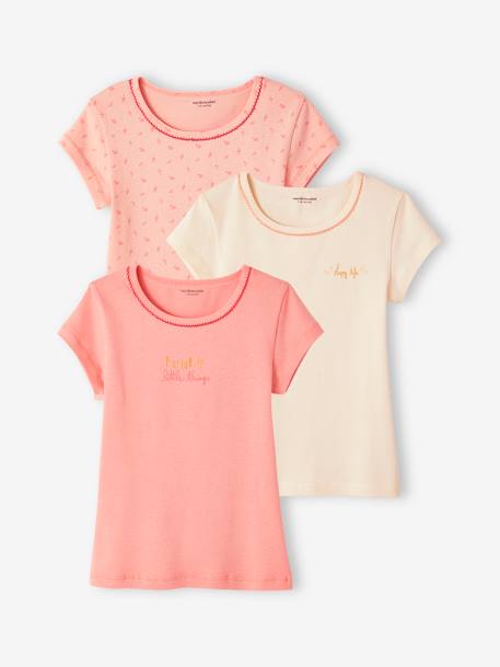 Pack of 3 Short Sleeve Fancy T-Shirts in Rib Knit for Girls nude pink - vertbaudet enfant 