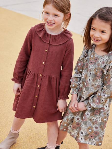 Buttoned Dress in Cotton Gauze for Girls chocolate+rose beige - vertbaudet enfant 